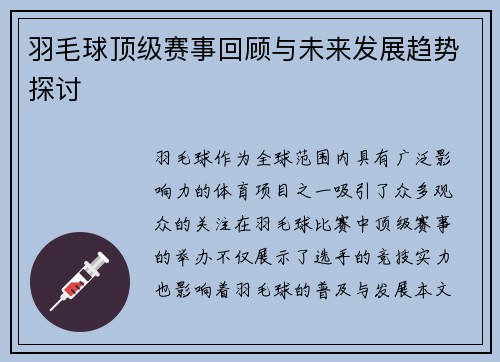 羽毛球顶级赛事回顾与未来发展趋势探讨